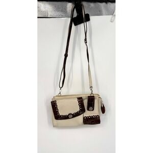 Vintage Brighton Cream Brown Leather Crossbody Wallet Organizer Purse Y2K